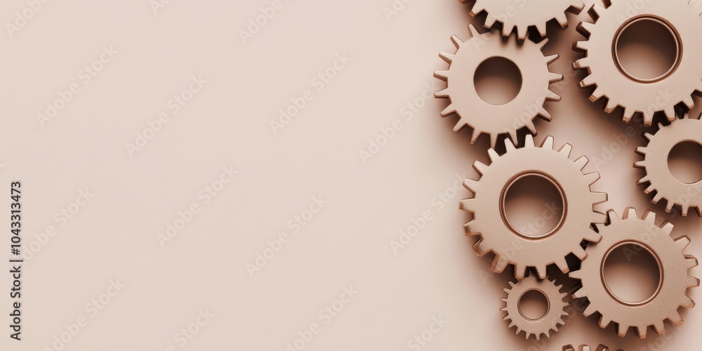 Poster gears interlocking, representing teamwork and problem-solving, neutral background, space for overlay