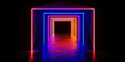 A long hallway with neon lights in a dark room