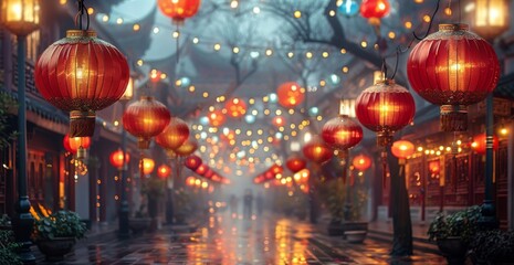 Fototapeta premium City Street With Lanterns Hanging