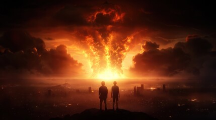 Two silhouetted figures stand against a fiery explosion, depicting a dramatic scene of destruction and impending doom.