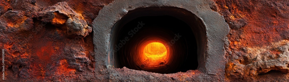 Wall mural A glowing orange light emanates from a dark, rusty tunnel, suggesting heat or energy.