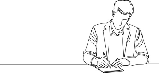 continuous single line drawing of male business person taking notes on paper, line art vector illustration