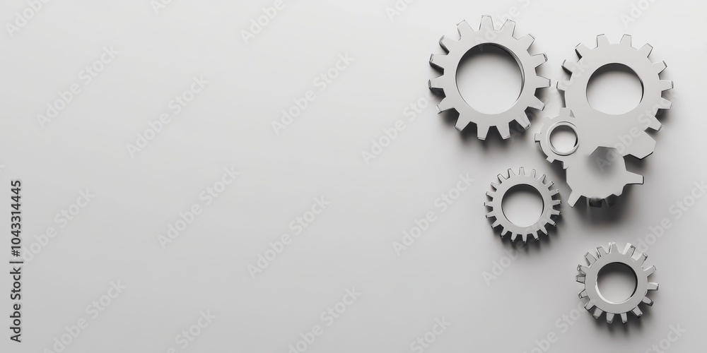 Poster gears interlocking, representing teamwork and problem-solving, neutral background, space for overlay