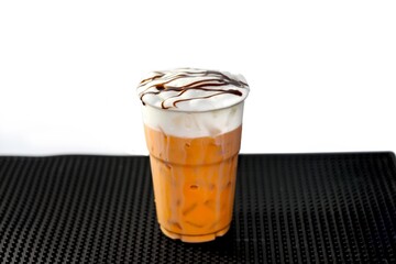 Pictures of Ice Thai tea serving with milk foam for topping and put on bar mat in isolated concept style.