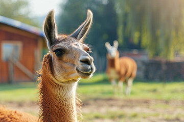 Obraz premium Generated AI portrait of brown or beige alpaca on a green field grass