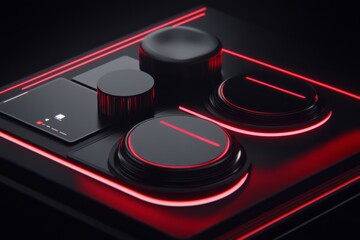 Red glowing lines surround a futuristic control panel with black knobs.