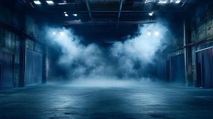 Dark Industrial Warehouse Background with Smoke