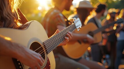 Obraz premium A group of friends jamming together with acoustic instruments outdoors.