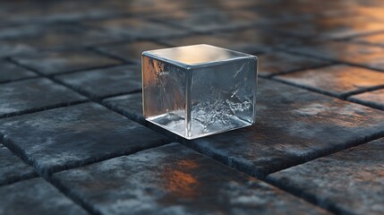 3D cube with clear textures placed within a simple 2D grid creating a dimensional overlap