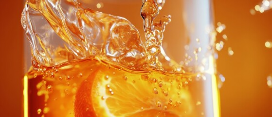Refreshing orange slice splashing in a clear glass of juice against a vibrant orange background, capturing freshness and vitality.