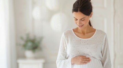 A serene and joyful pregnant woman gently cradles her baby bump in a bright, airy room filled with soft decor and natural light.