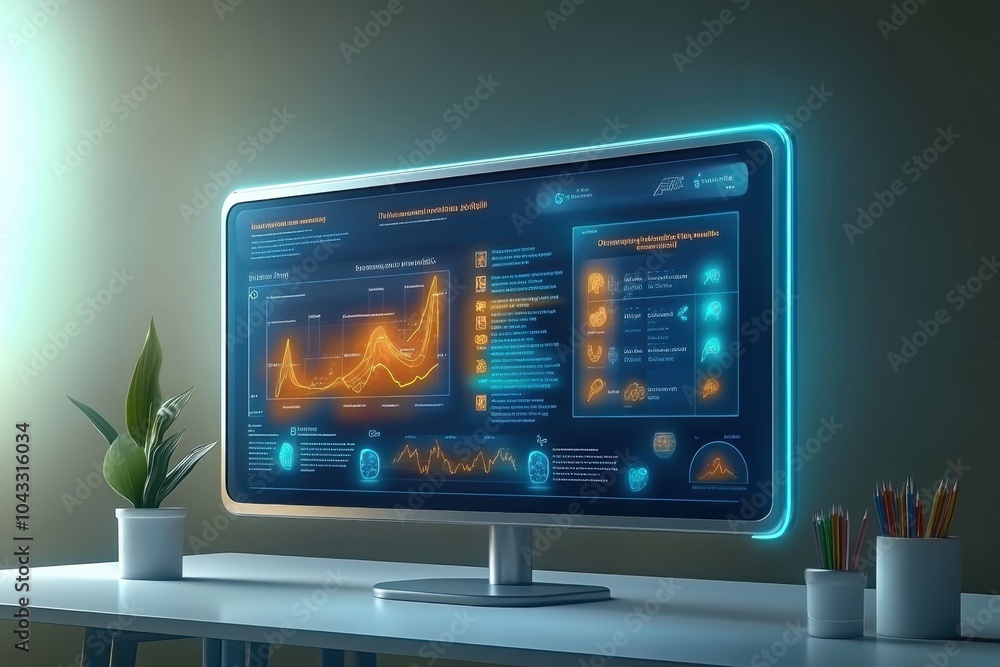 Aufkleber stock market trends. futuristic computer monitor displaying dynamic financial analytics graphs and d