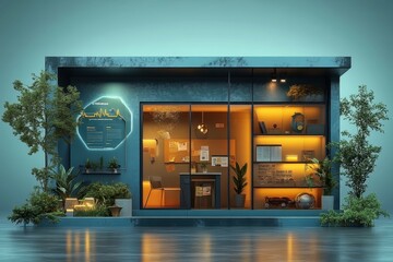 Naklejka premium Urban Coffee Vibes. Ai render Hosting core Rerender rendering Phygital Data lakehouse Coliving Honbay Blender Market Blueground Modern shop exterior at dusk with warm interior lighting, cozy atmosphe