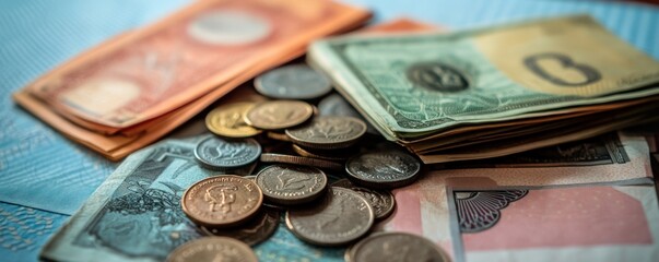 A collection of various banknotes and coins arranged on a surface.
