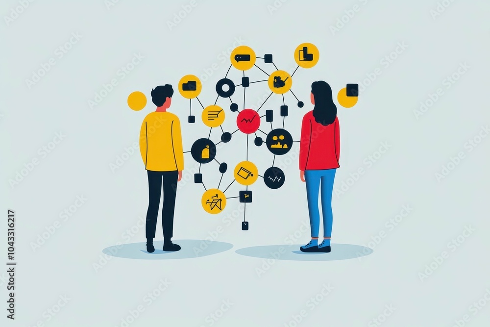 Poster a whimsical illustration of a relationship map showing different types of connections and the import