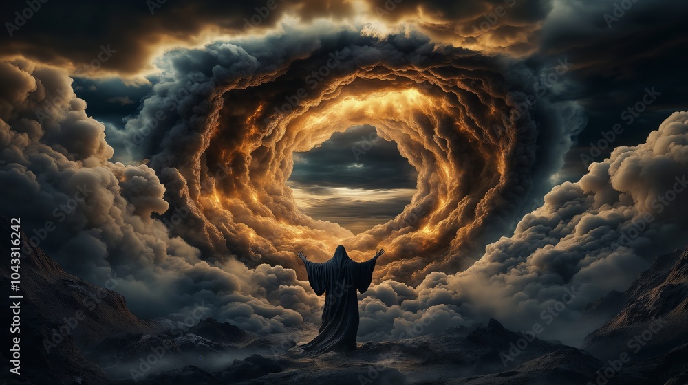 Wall mural mysterious figure in black cloak standing before glowing vortex in clouds