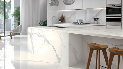 Bright minimalist kitchen with white marble countertops, minimalist wooden bar stools, and stainless steel appliances 