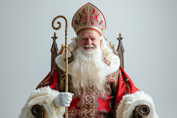 Sinterklaas in dutch traditional red suit, mitre sitting in chair and reading big red book. Celebration concept holiday for children party in Saint Nicolas day five/six december.