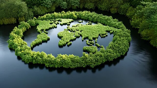 Aerial view of a lush green Earth map made of trees surrounded by water, symbolizing Earth Day and environmental conservation