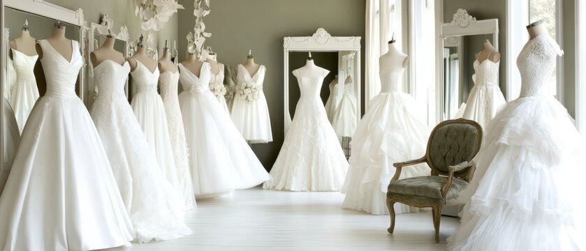 Selection of elegant white wedding dresses displayed on mannequins in a bridal shop.