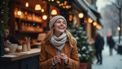 Fototapeta premium Smiling woman in a Santa hat enjoying a festive drink at Christmas market