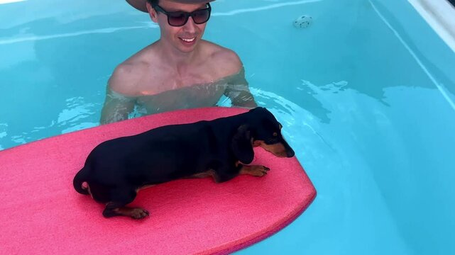 homem na piscina com cachorro salsicha em prancha de surfe