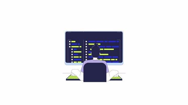 Programmer typing keyboard computer syntax codes 2D character animation. Software engineering cartoon 4K video, alpha channel. Back view man caucasian coder animated person on white background