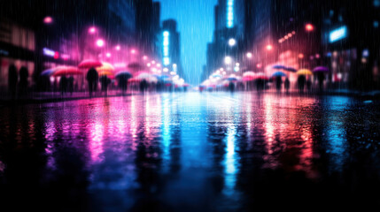 Obraz premium vibrant city street scene illuminated by colorful lights and reflections on rainy night, with people holding umbrellas. atmosphere is lively yet serene, capturing beauty of urban life in rain