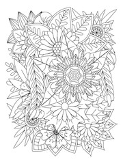 Flower pattern. Vector doodle flowers in black and white. Page adult coloring book. Coloring Flower Page.