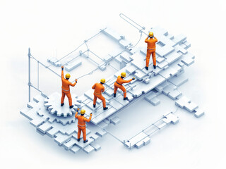 construction process abstract illustration, industrial team at work with huge mechanism. Generative AI