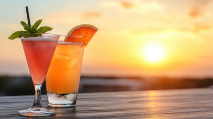 Refreshing cocktails on wooden table at sunset, featuring pink drink with mint and orange drink with slice of orange. vibrant colors create relaxing atmosphere