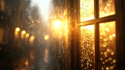 beautiful sunset shines through rain soaked window, creating warm and cozy atmosphere. droplets glisten as light reflects, enhancing serene mood of scene