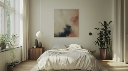 Minimalist bedroom with a vibrant statement artwork, cream-colored linens, and a simple wooden nightstand with a ceramic lamp