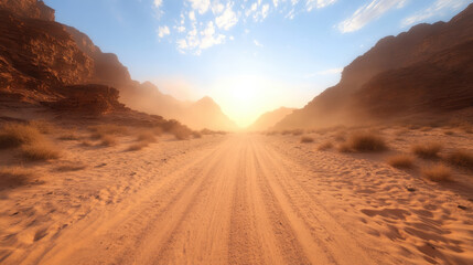 Fototapeta premium serene desert landscape at sunset, featuring sandy road leading through rocky mountains. warm hues of sun create tranquil atmosphere, inviting exploration
