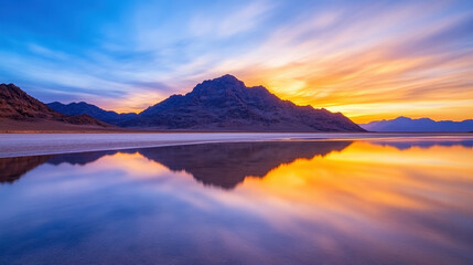 Breathtaking sunset over tranquil lake, reflecting vibrant colors of orange, blue, and purple. serene landscape features majestic mountains and calm water surface, creating peaceful atmosphere