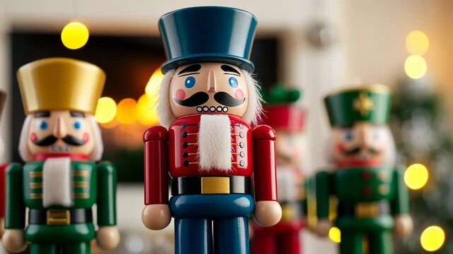 Close-up of festive wooden nutcrackers with colorful uniforms, symbolizing Christmas traditions and holiday decor