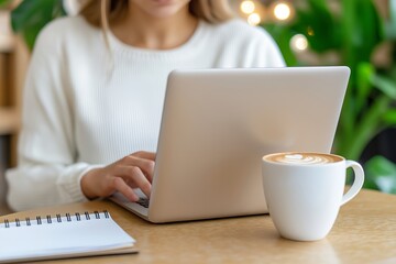 Fototapeta premium A Woman in a Casual Business Outfit, Typing on Her Laptop at a Modern Cafe, With a Cup of Coffee and Notebook on the Table