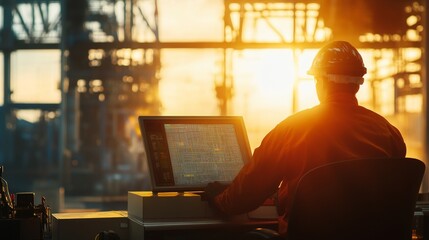 Silhouetted engineer observes industrial site at sunset, focusing on computer screen. Perfect blend of technology and industry.