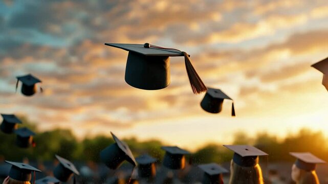 Graduation caps soar against a sunset sky, symbolizing achievement and new beginnings