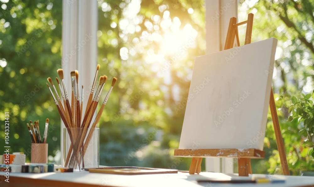 Poster empty canvas on an easel with paintbrushes, paints, and a palette on a table near a window with a vi