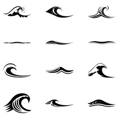 water wave icons flat in black colour on white background, ocean waves