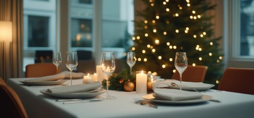 Fototapeta premium Festive Christmas table setting with candles and plates, lit Christmas tree in the background.