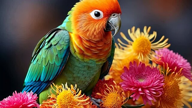 Colorful sun conure parrot posing on a flower arrangement