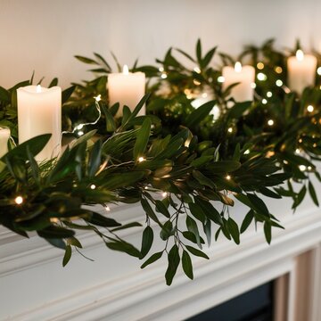 Elegant Christmas mantle decor with glowing white candles, lush green foliage garland, and subtle twinkling fairy lights for a cozy winter atmosphere.
