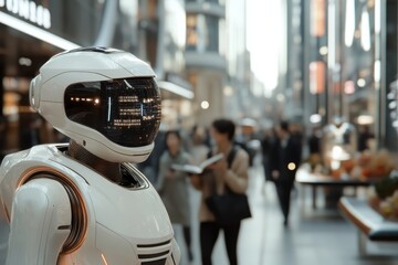 Obraz premium Amidst the vibrant city market, a humanoid robot keenly observes while people shop, reflecting technological advancements in everyday human activities.