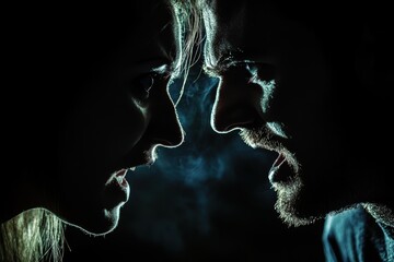 A dramatic close-up shot of a couple arguing, captured in moody, dark lighting with faces illuminated, highlighting the intensity of their emotions and confrontation.