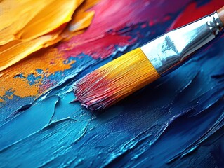 Fototapeta premium close-up view of a paintbrush making textured strokes on a vibrant canvas, highlighting the creative process and the rich colors blending together in an artistic journey