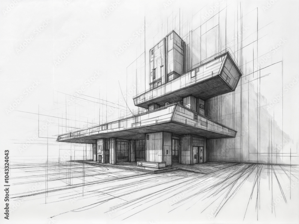 Poster abstract sketch of a concrete building under construction. generative ai