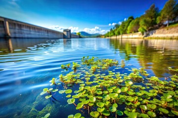 Obraz premium River full of water plants in clear blue water near a dam