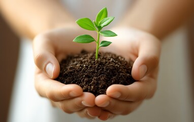 Caring hands cradling a small plant, representing sustainability and environmental awareness, earthy colors, soft natural light